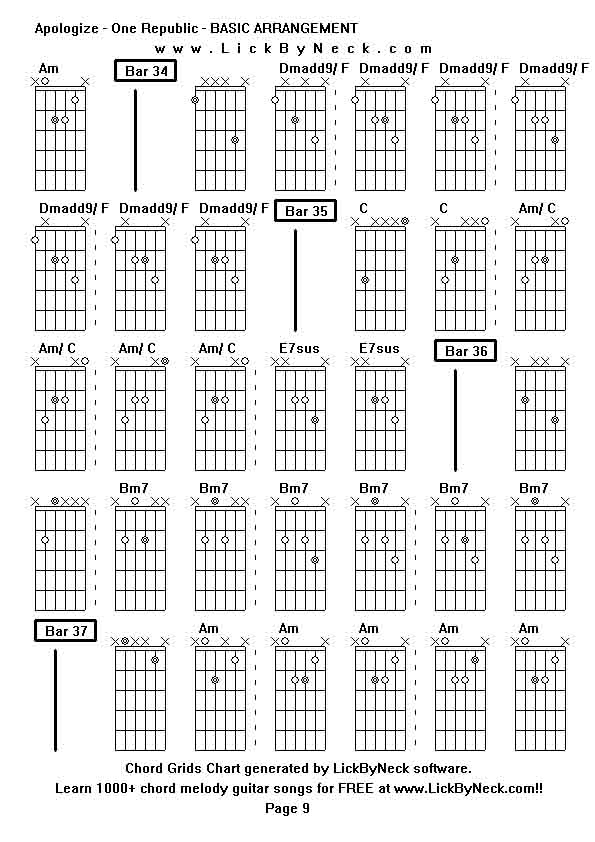 Chord Grids Chart of chord melody fingerstyle guitar song-Apologize - One Republic - BASIC ARRANGEMENT,generated by LickByNeck software.